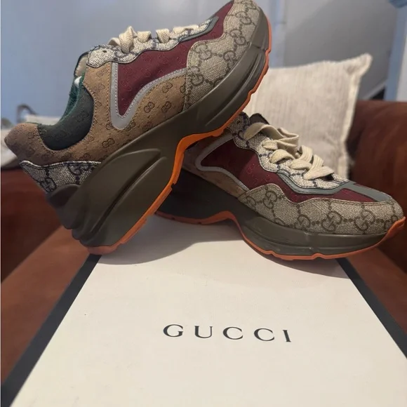 Gucci | Shoes | Gucci Monogram Sneakers With Burgundy And 